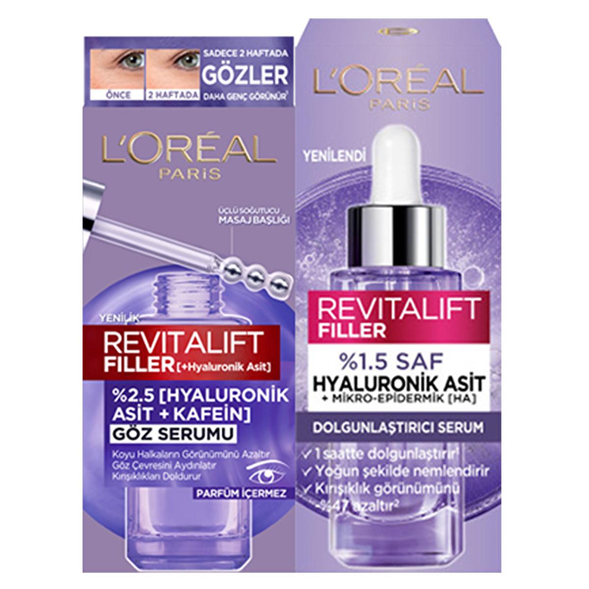L'Oreal Paris Revitalift filler serum set purple box with eye serum and hyaluronic acid serum bottles on Tampa Home & Garden Store
