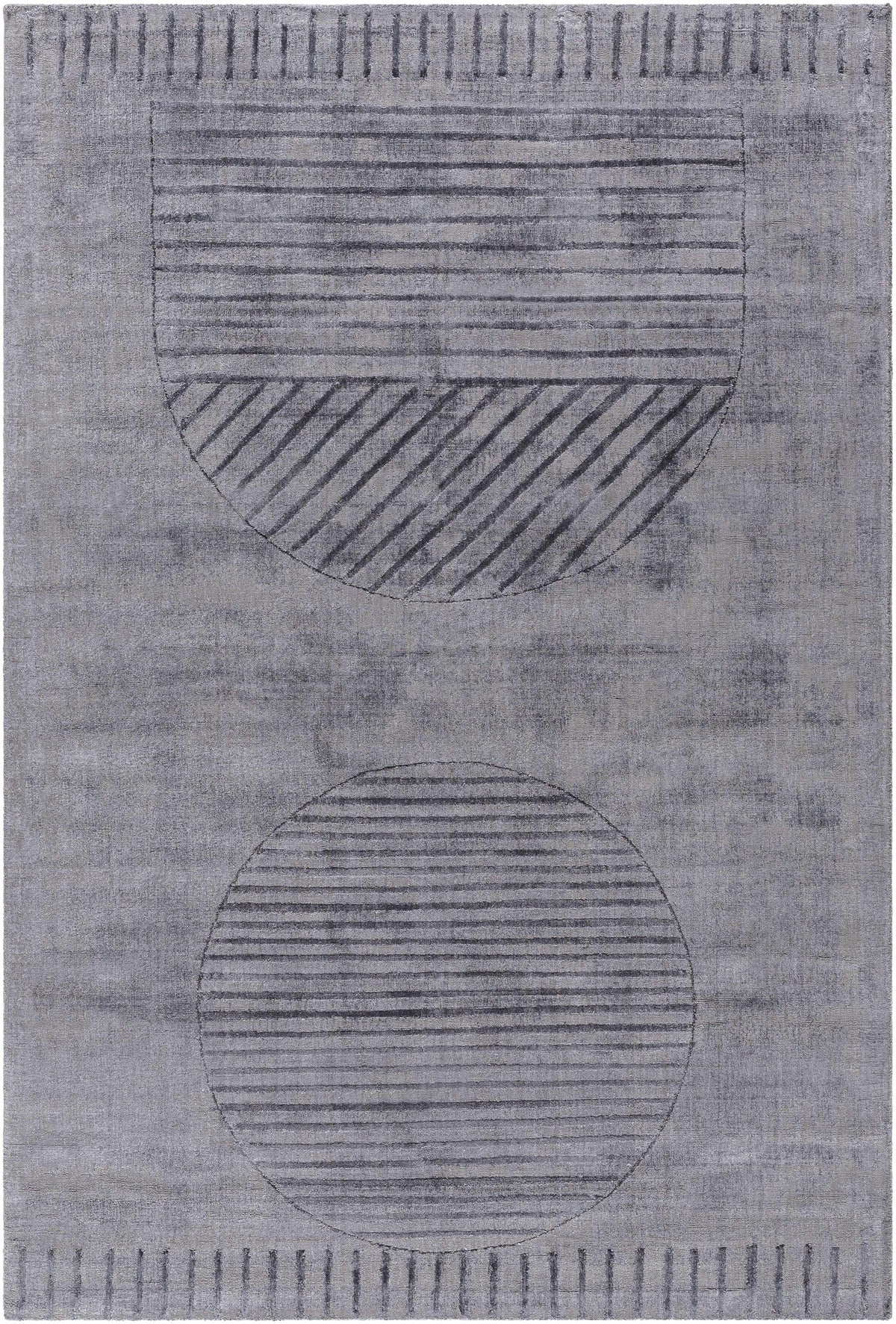 Timna Area Rug by Boutique Rugs in muted gray with circular striped motifs on Tampa Home & Garden Store