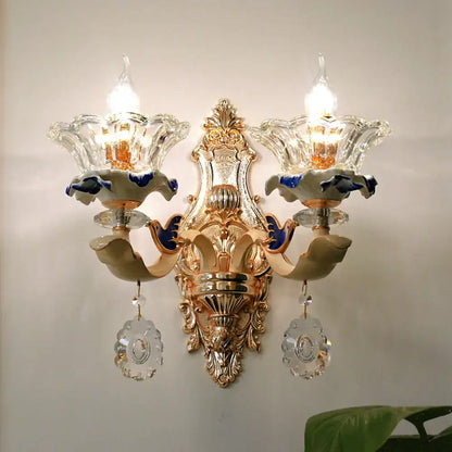Traditional Brass Wall Sconce Light with Crystal Flower Shade - Perfect for Living Room