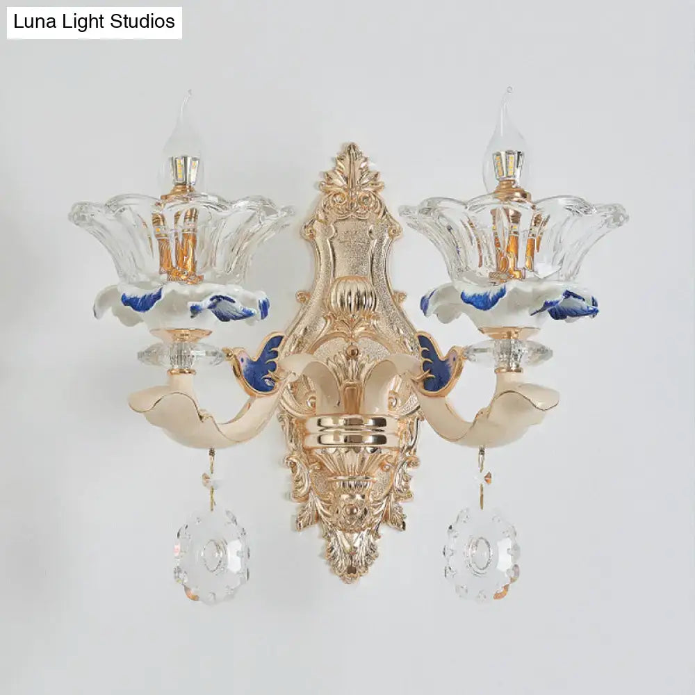 Traditional Brass Wall Sconce Light with Crystal Flower Shade - Perfect for Living Room