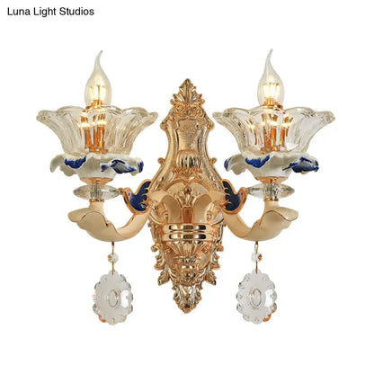 Traditional Brass Wall Sconce Light with Crystal Flower Shade - Perfect for Living Room