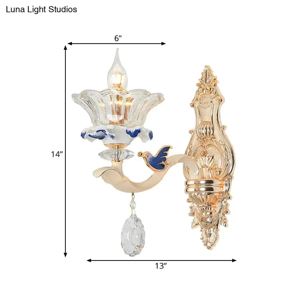 Traditional Brass Wall Sconce Light with Crystal Flower Shade - Perfect for Living Room