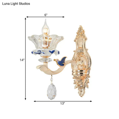 Traditional Brass Wall Sconce Light with Crystal Flower Shade - Perfect for Living Room