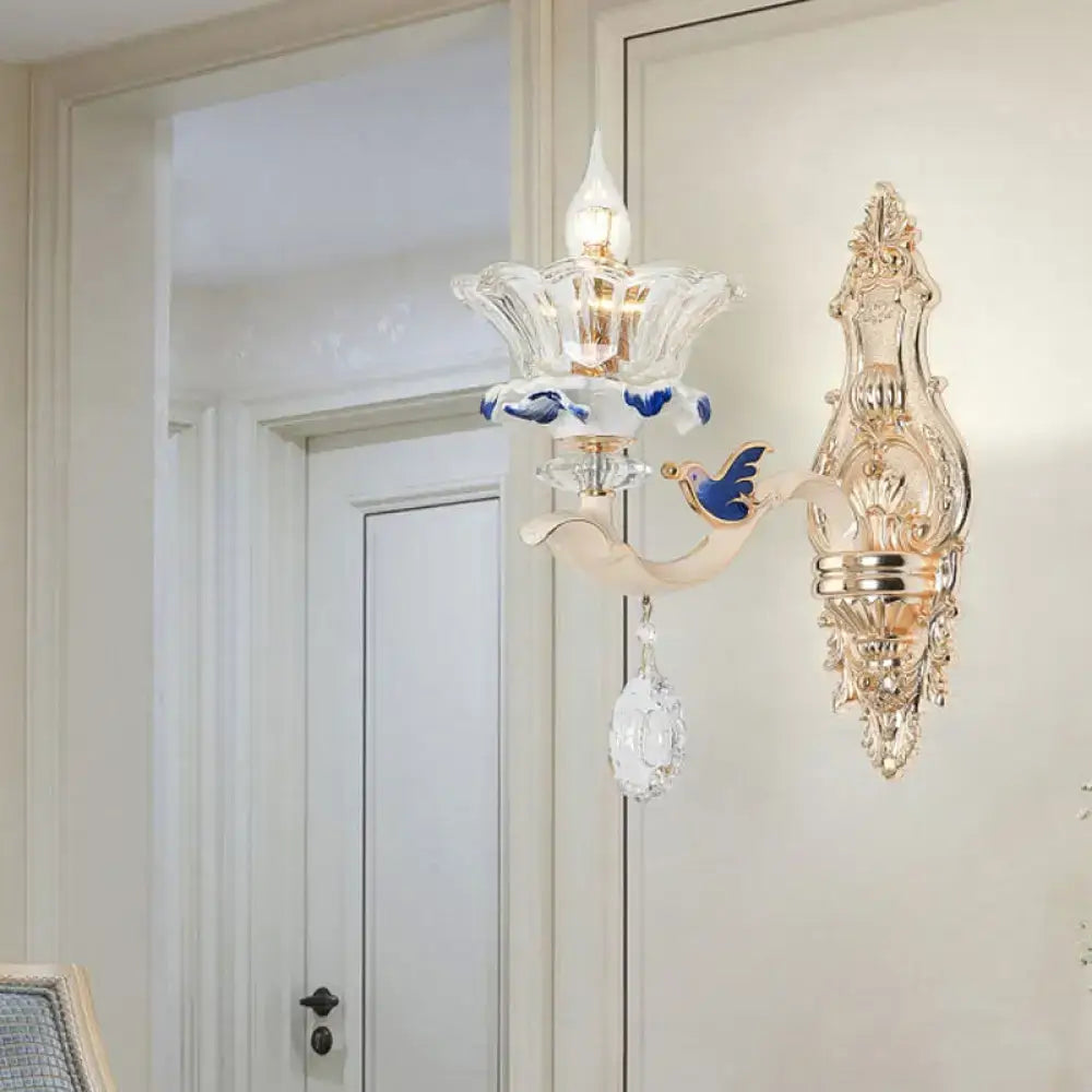 Traditional Brass Wall Sconce Light with Crystal Flower Shade - Perfect for Living Room
