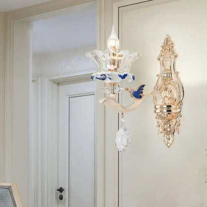 Traditional Brass Wall Sconce Light with Crystal Flower Shade - Perfect for Living Room