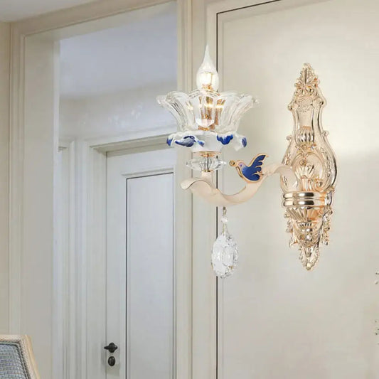 Traditional Brass Wall Sconce Light with Crystal Flower Shade - Perfect for Living Room - Tampa Home & Garden Store