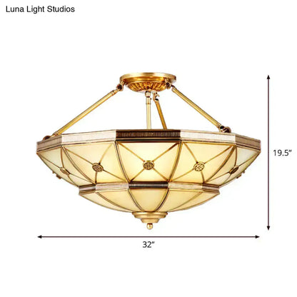Plafonnier semi-encastré 6/9 lumières en verre dépoli, style parapluie, laiton traditionnel, 23,5"/32" l.