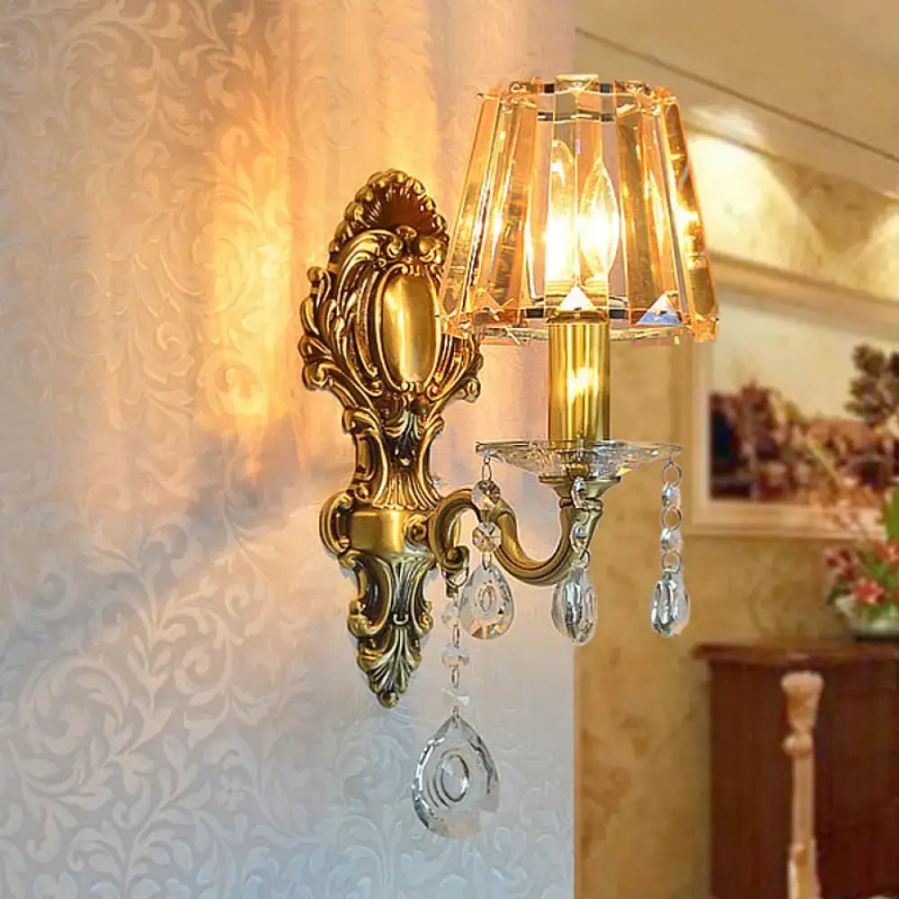 Traditional Brass 1-Light Candle Wall Sconce with Clear Crystal Shade