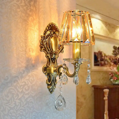Traditional Brass 1-Light Candle Wall Sconce with Clear Crystal Shade