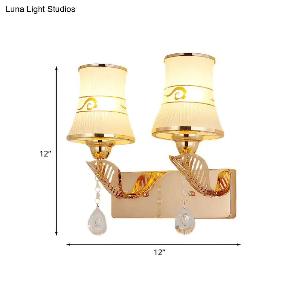 Gold crystal ribbed glass wall sconce by Decorbites, dual lamps with clear crystal drops on Tampa Home & Garden Store