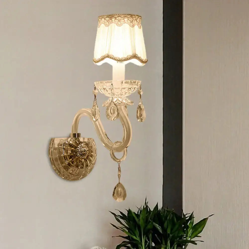 Traditional White Candle Wall Lamp with Clear Crystal Accent and Scalloped Fabric Shade