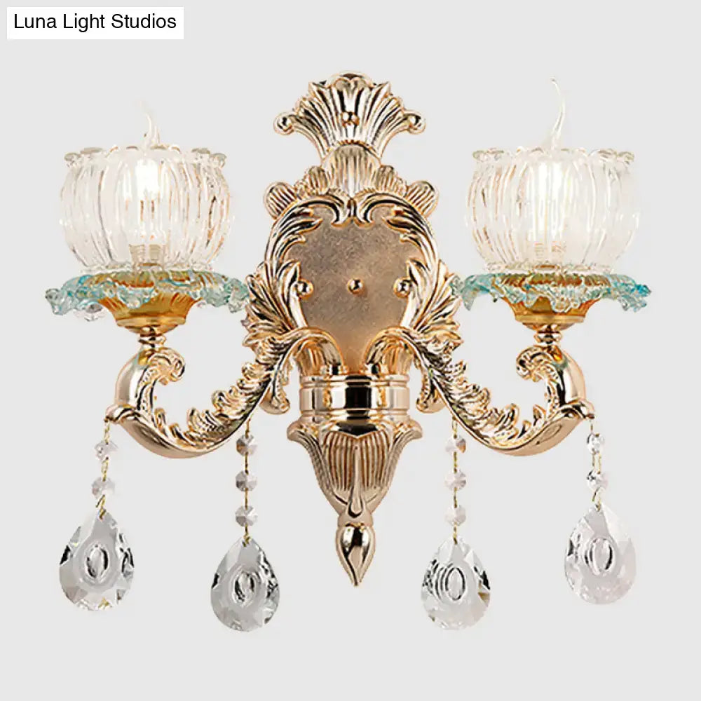 Traditional 2-Light Crystal Wall Mount Lamp in Gold - Elegant Restaurant Wall Lighting