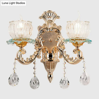 Traditional 2-Light Crystal Wall Mount Lamp in Gold - Elegant Restaurant Wall Lighting