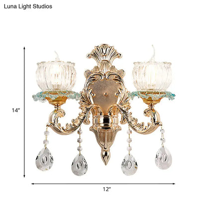 Traditional 2-Light Crystal Wall Mount Lamp in Gold - Elegant Restaurant Wall Lighting