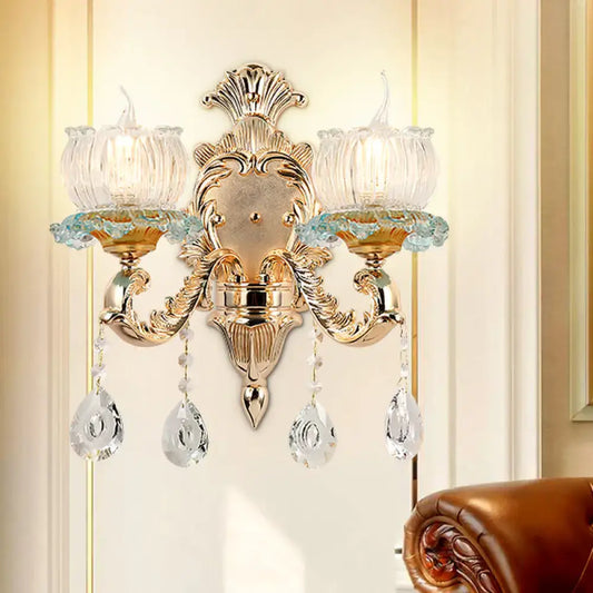 Traditional 2-Light Crystal Wall Mount Lamp in Gold - Elegant Restaurant Wall Lighting - Tampa Home & Garden Store