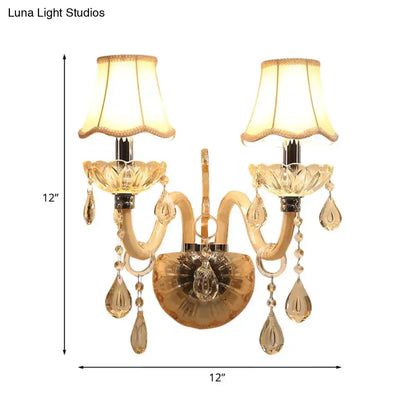 Traditional Amber Glass Candle Wall Sconce with Scalloped Fabric Shade - Bedroom Lighting