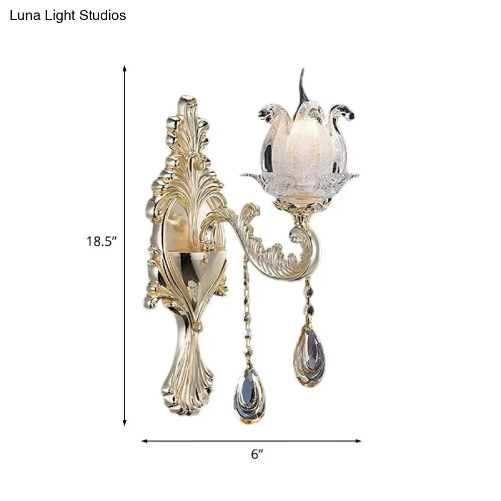 Traditional Gold Semi-Open Flower Frosted Glass Sconce for Living Room Wall.