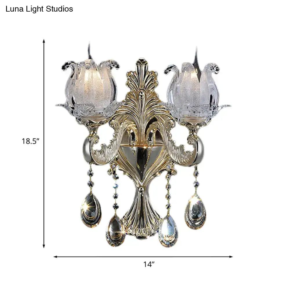 Traditional Gold Semi-Open Flower Frosted Glass Sconce for Living Room Wall.