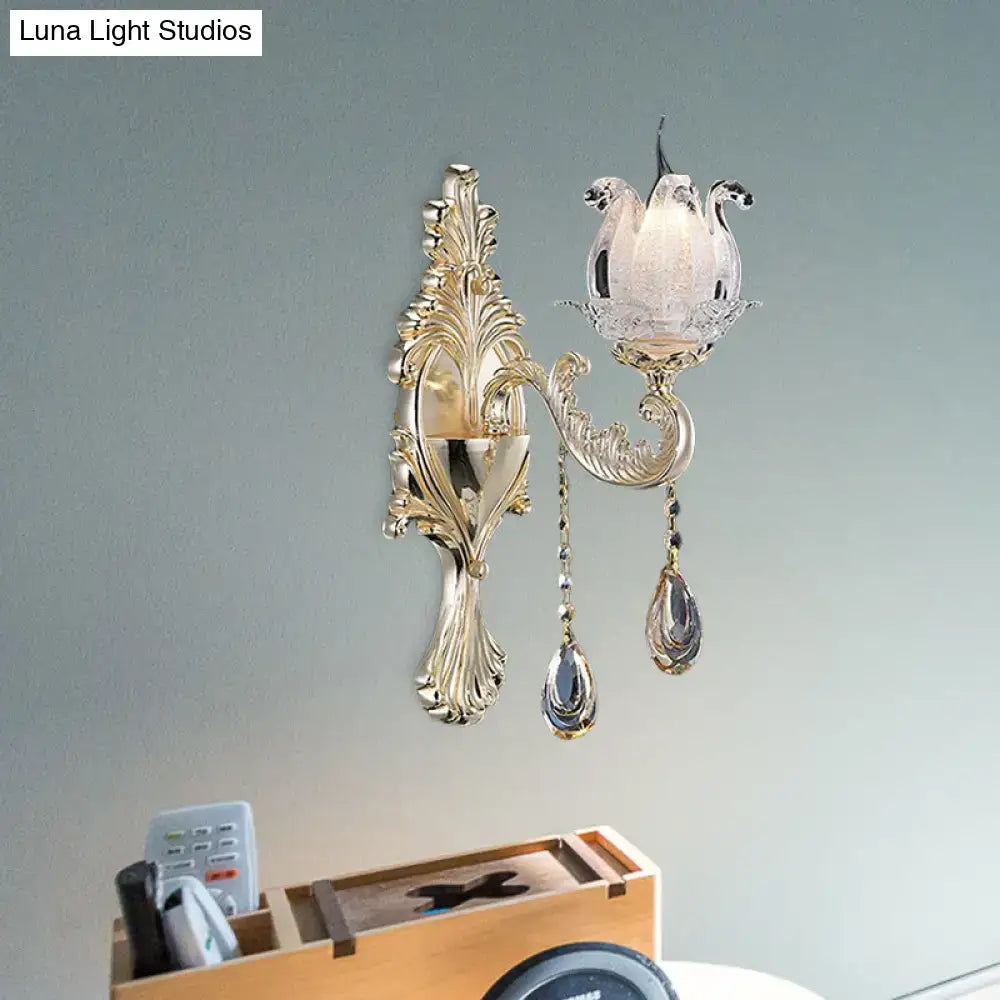 Traditional Gold Semi-Open Flower Frosted Glass Sconce for Living Room Wall.