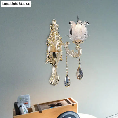 Traditional Gold Semi-Open Flower Frosted Glass Sconce for Living Room Wall.