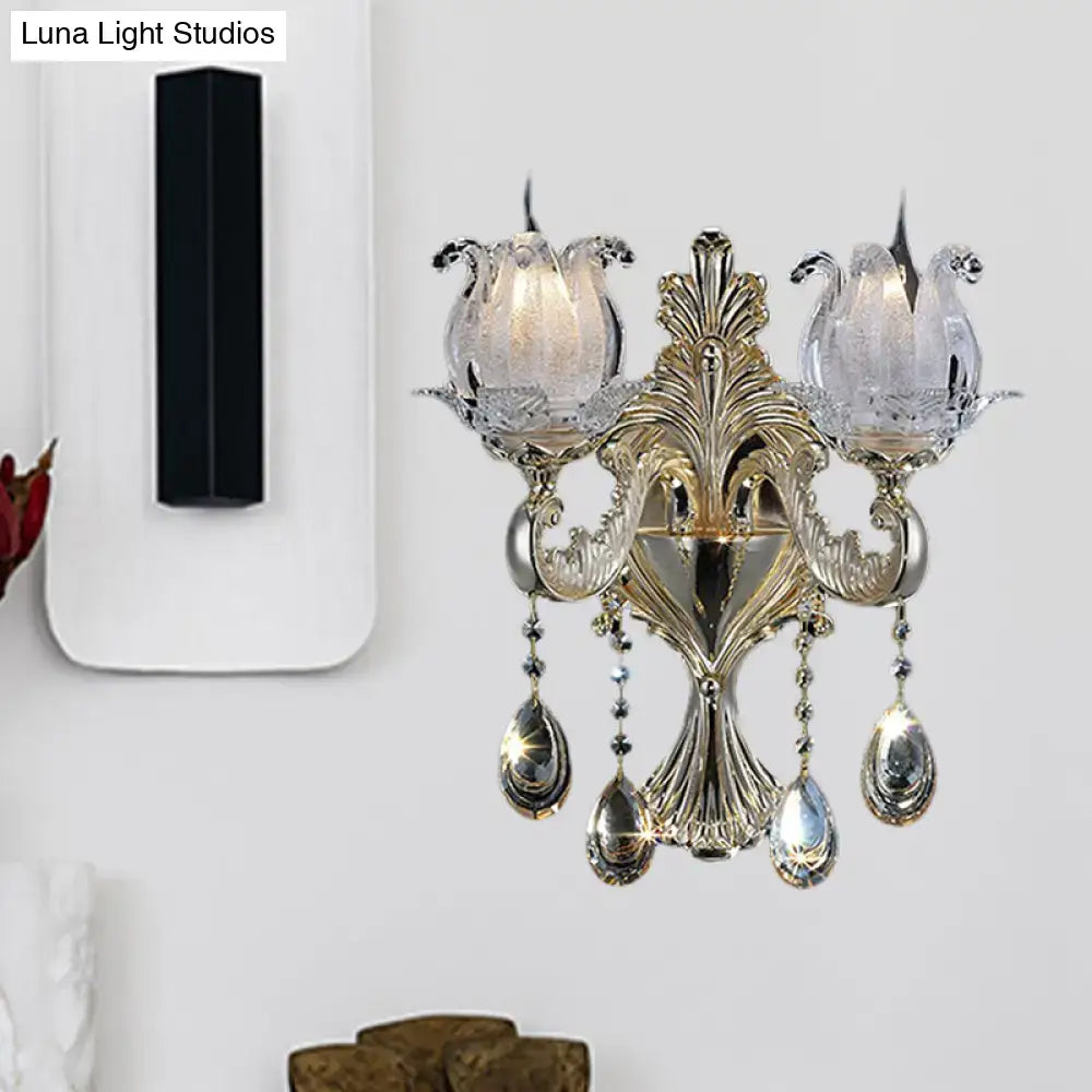 Traditional Gold Semi-Open Flower Frosted Glass Sconce for Living Room Wall.