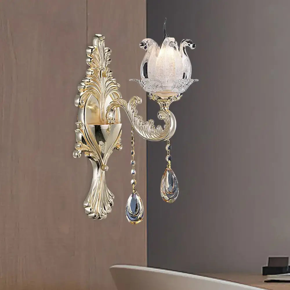 Traditional Gold Semi-Open Flower Frosted Glass Sconce for Living Room Wall.