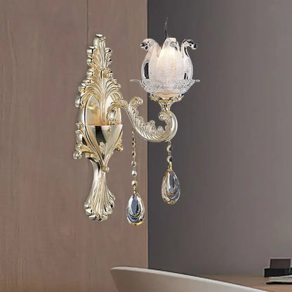 Traditional Gold Semi-Open Flower Frosted Glass Sconce for Living Room Wall.