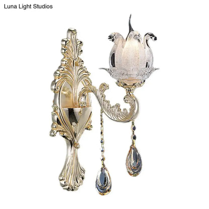 Traditional Gold Semi-Open Flower Frosted Glass Sconce for Living Room Wall.