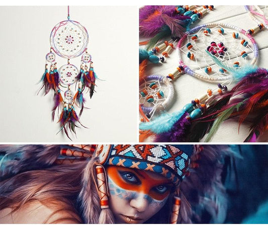 Dreamcatcher pendant, five-ring design with vibrant feathers and beads Stevvex wind chimes on Tampa Home & Garden Store