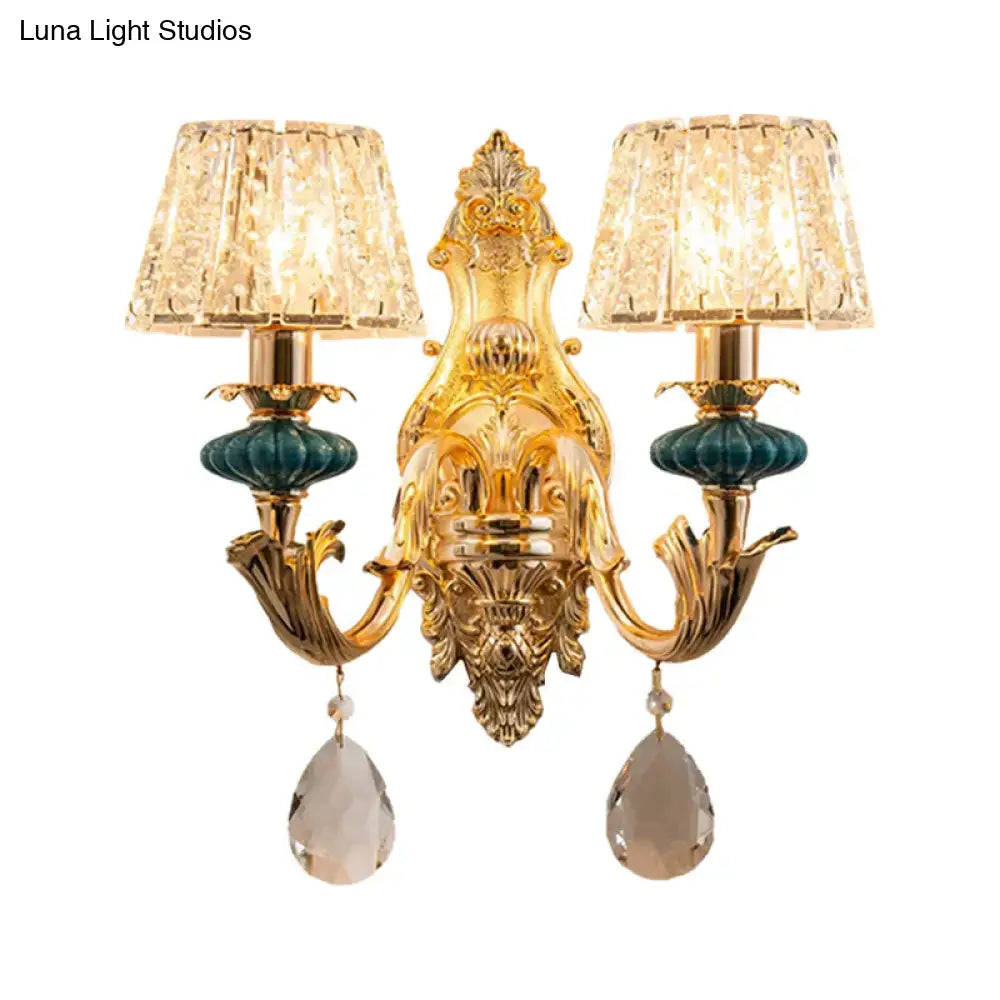 Gold Teal Crystal Wall Sconce with dual arms and ornate gilt backplate by Decorbites on Tampa Home & Garden Store