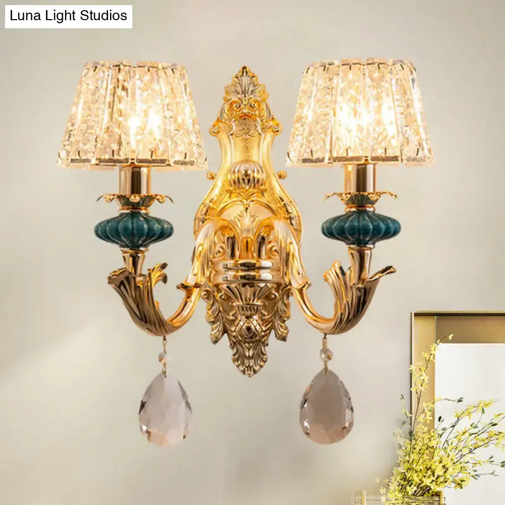 Gold Teal Crystal Wall Sconce by Decorbites, ornate brass frame with twin crystal lamps on Tampa Home & Garden Store