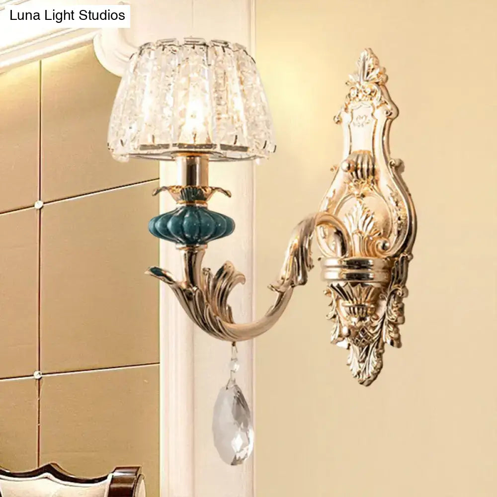 Gold Teal Crystal Wall Sconce with ornate gold backplate and hanging crystal drop on Tampa Home & Garden Store