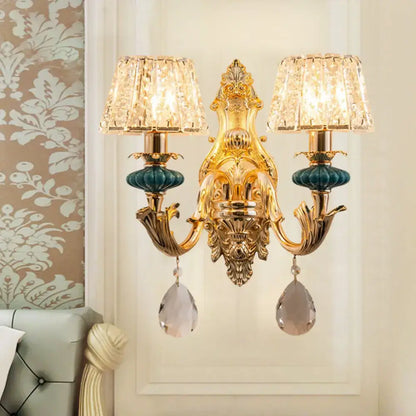 Gold Teal Crystal Wall Sconce by Decorbites, two-arm gold finish teal accents and crystal drops on Tampa Home & Garden Store
