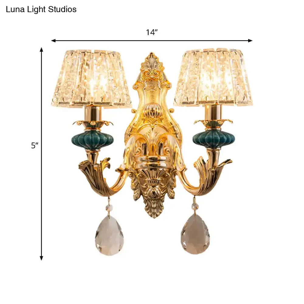 Decorbites Gold Teal Crystal Wall Sconce with dual arms and crystal drops on Tampa Home & Garden Store
