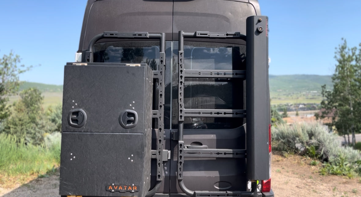 Avatar Massif van rear door storage mounting system with black steel rails and toolbox on Tampa Home & Garden Store