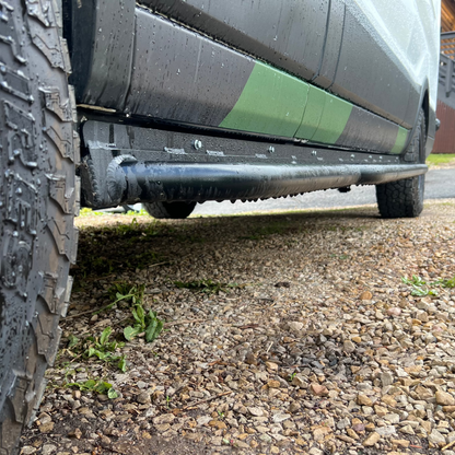 Avatar Ford Transit Rockbody Side Steps, black metal with green accent stripe on Tampa Home & Garden Store