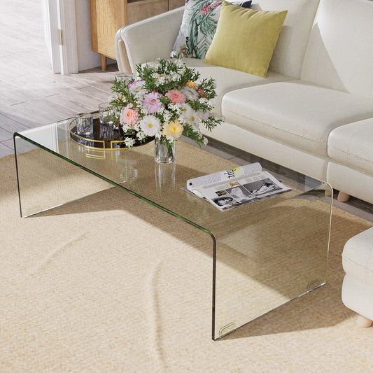 42 x 19.7 Inch Clear Tempered Glass Coffee Table with Rounded Edges-Transparent - Tampa Home & Garden Store