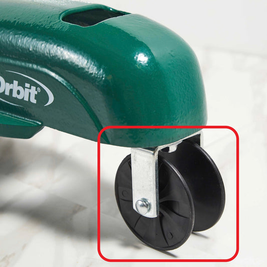 Front wheel for traveling sprinkler, Orbit Irrigation hose end, green housing with black wheel on Tampa Home & Garden Store