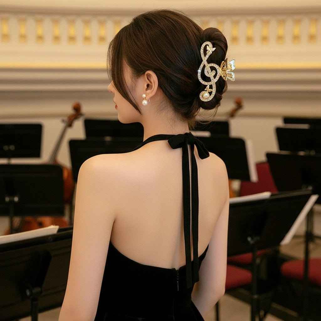 Sparkling Gold Tone Treble Clef Rhinestone Clip