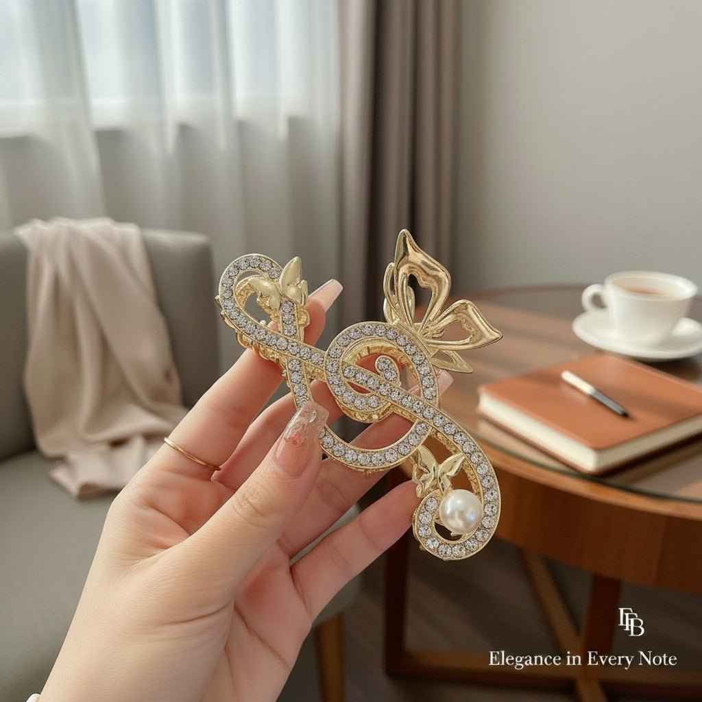 Sparkling Gold Tone Treble Clef Rhinestone Clip