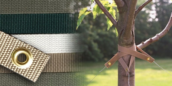 Tree Strap Beige Rivendell Distribution with a set of stacked landscape straps for tree support on Tampa Home & Garden Store