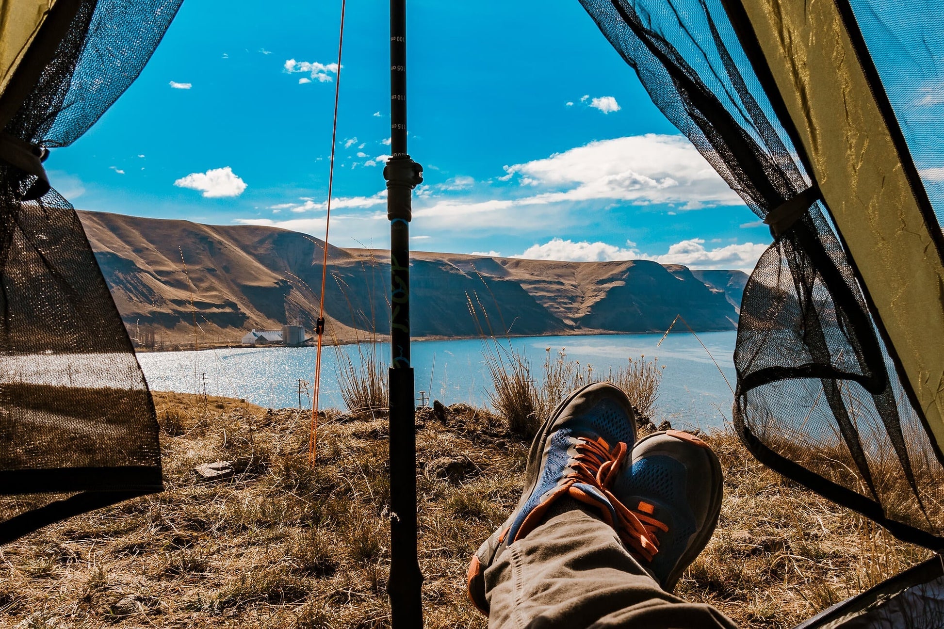 Trekker Tent 1V 1-Person Backpacking Tent by River Country Gear, view with trekking pole on Tampa Home & Garden Store