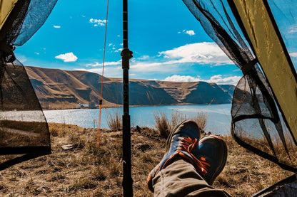 Trekker Tent 1V 1-Person Backpacking Tent by River Country Gear, view with trekking pole on Tampa Home & Garden Store