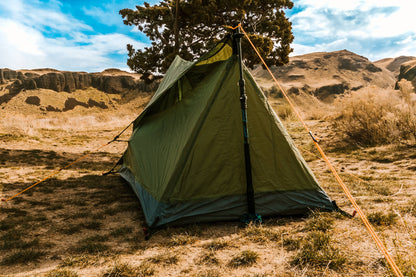 Trekker Tent 1V, olive green 1-person River Country Gear backpacking tent with orange guylines on Tampa Home & Garden Store
