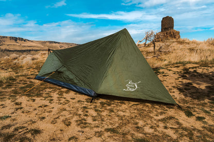Trekker Tent 1V, olive green 1-person backpacking tent, River Country Gear logo on Tampa Home & Garden Store