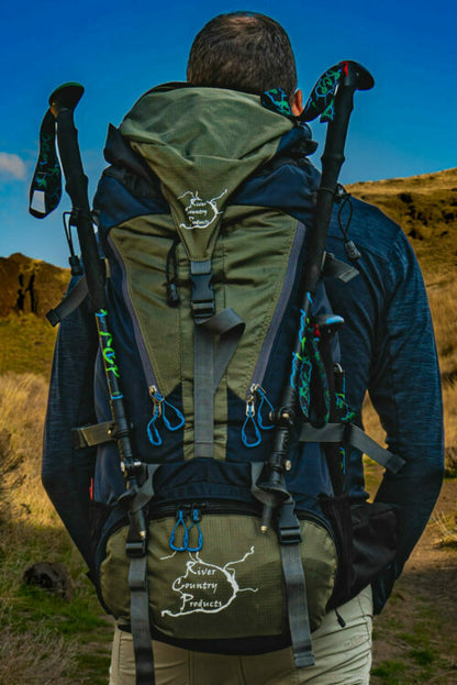 65 Liter backpacking pack by River Country Gear olive green with pole holders on Tampa Home & Garden Store