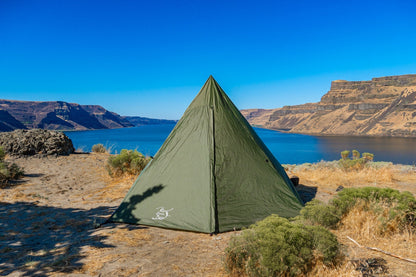Trekker Tent 4 by River Country Gear green pyramid tent for 4-person backpacking by a lake on Tampa Home & Garden Store