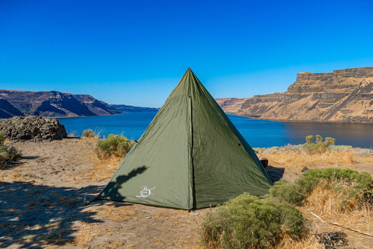 Trekker Tent 4 by River Country Gear green pyramid tent for 4-person backpacking by a lake on Tampa Home & Garden Store