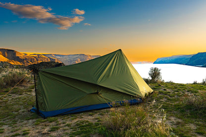 Trekker Tent 2V by River Country Gear, green 2-person backpacking tent at sunset canyon campsite on Tampa Home & Garden Store