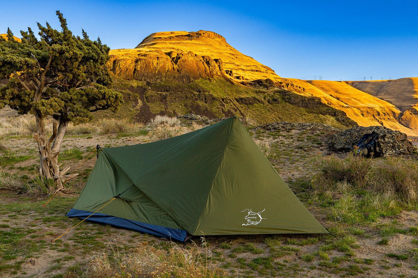 Trekker Tent 2V 2-Person Tent, green with River Country Gear logo, desert campsite on Tampa Home & Garden Store